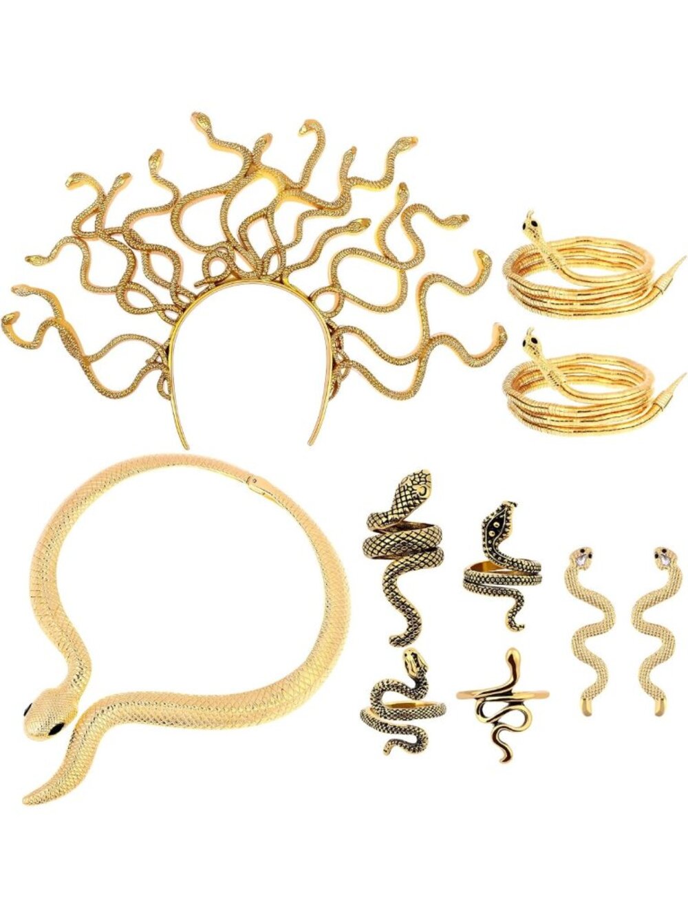 10 Pcs Halloween Medusa Costume Accessories Set | Gold Snake Jewelry & Props